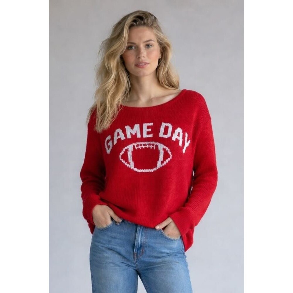 Wooden Ships Game Day Red Sweater Football Graphic Open Knit Cotton Blend Sz S/M